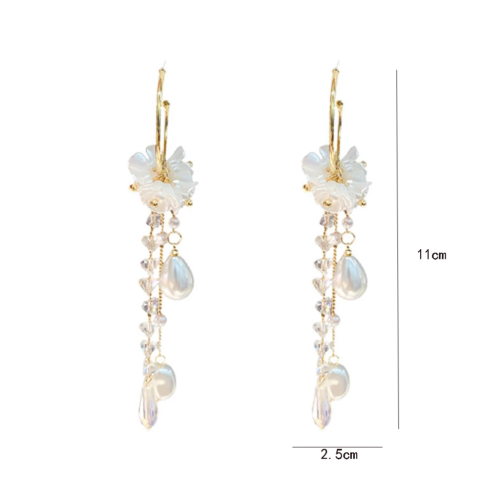

Fashion Long Tassel Simulated Pearl Drop Earrings Big Crystal Bead Flower Petal Earrings for Women Wedding Asymmetric Jewelry