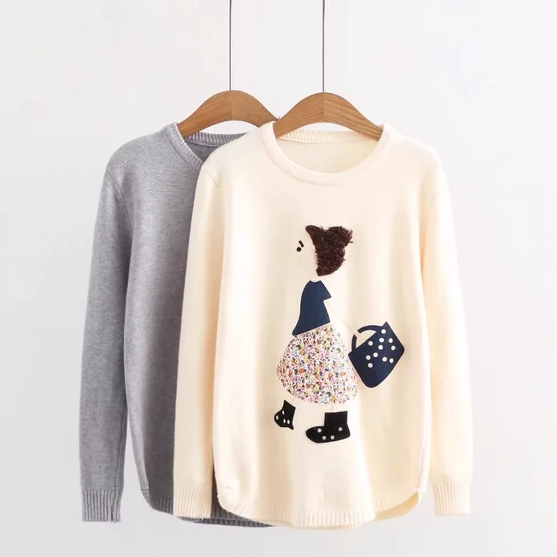 

New Winter Preppy Style Appliques Kawaii Sweaters Women Casual Cartoon Girls Spliced Loose Pullover Tops Female Korean Jumpers