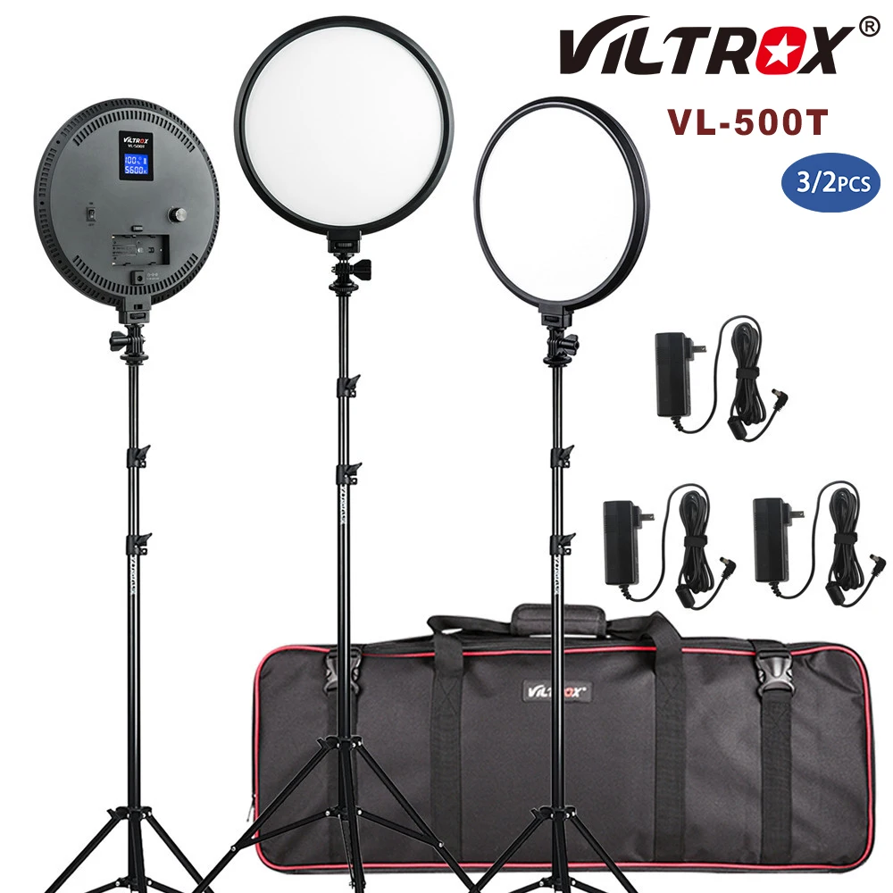 

Viltrox 3set/2set VL-500T Bi-color FlapJack LED Video Light Round Lamp+Light Stands+Bag for Studio Photography Video Shooting