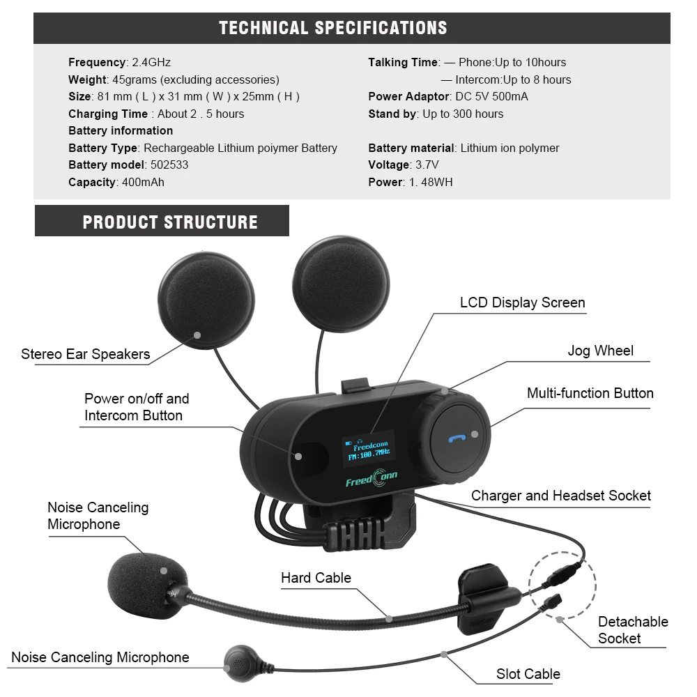Гарнитура для шлема FreedConn TCOM SC с экраном и Bluetooth + Экстра Мягкий динамик кронштейн