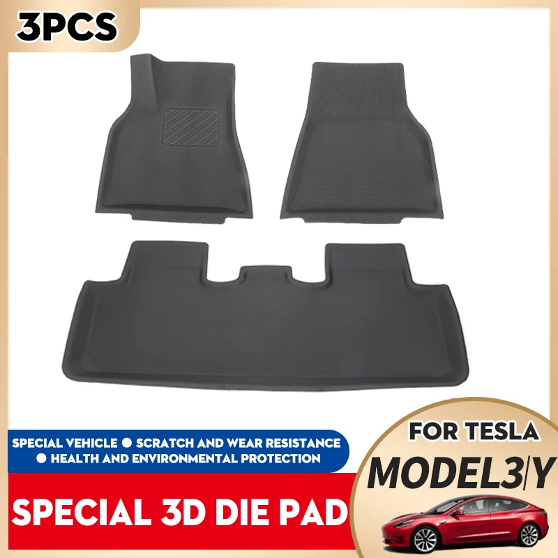 

3pcs For 2021 Tesla Model 3/Y XPE TPR Black Foot Mat Car Floor Mats Auto Interior Non-slip Fully Surrounded Special Foot Pad