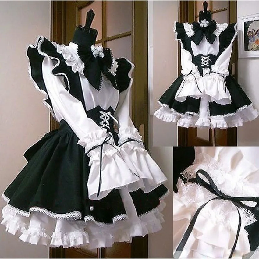 

Halloween Women Men Cosplay Costume Maid Dress Apron Cafe Servnat Lolita Retro Sexy Lace Ruched Puff Sleeve Bow Bodydoll Dress