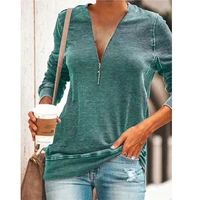 solid color basic zipper ladies t shirt womens 2021 casual loose oversized tee shirts long sleeve v neck tops pullovers tunic