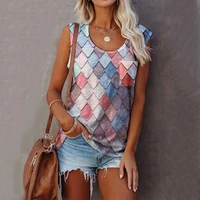2021 summer plaid print womens tank tops round neck tops female sleeveless tee clothing pockets vest casual top