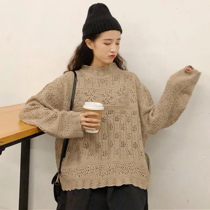 Vintage Openwork Long Sleeve Sweater Female Korean Harajuku Women's Sweaters Japanese Kawaii Ulzzang Japan Clothing For Women | Женская