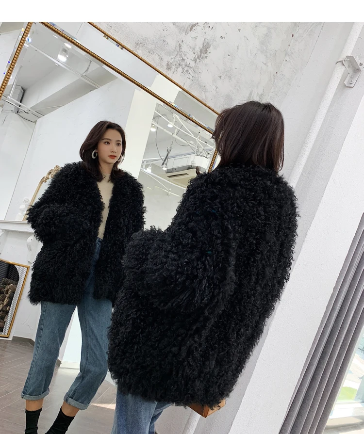 Женское вязаное пальто с длинным рукавом из натурального овечьего меха|Шубы и