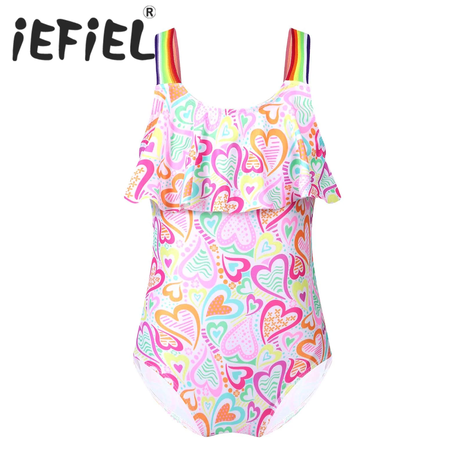 

Kids Girls One-piece Swimwear Swimsuit Rainbow Print Straps Ruffle Jumpsuit Bodysuit Beach Swimming Bathing Beachwear Leotard