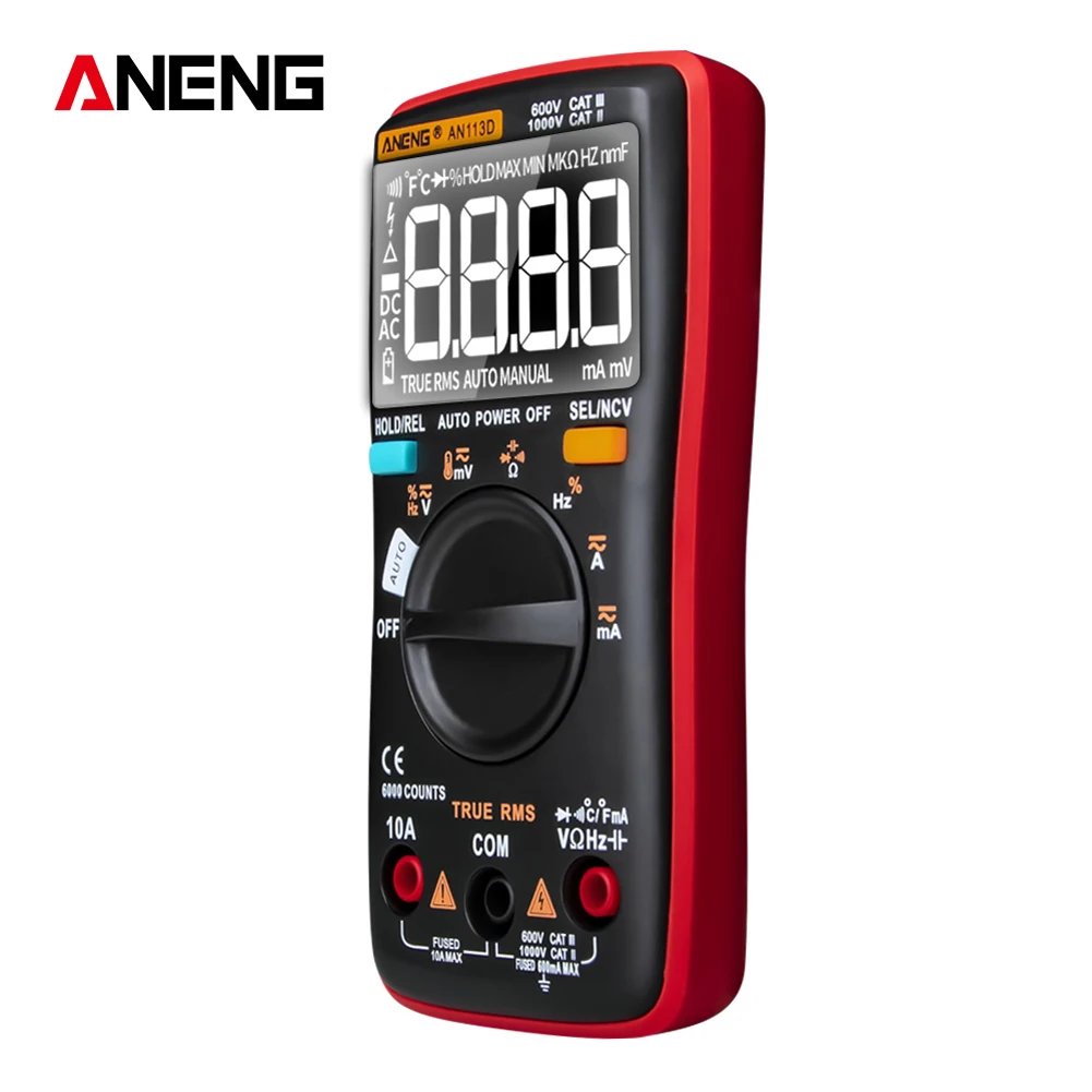 AN113D Digital Multimeter 6000 Counts Electrical Transistor Tester Temperature Auto Ranging AC/DC Voltage Meter for Electrician