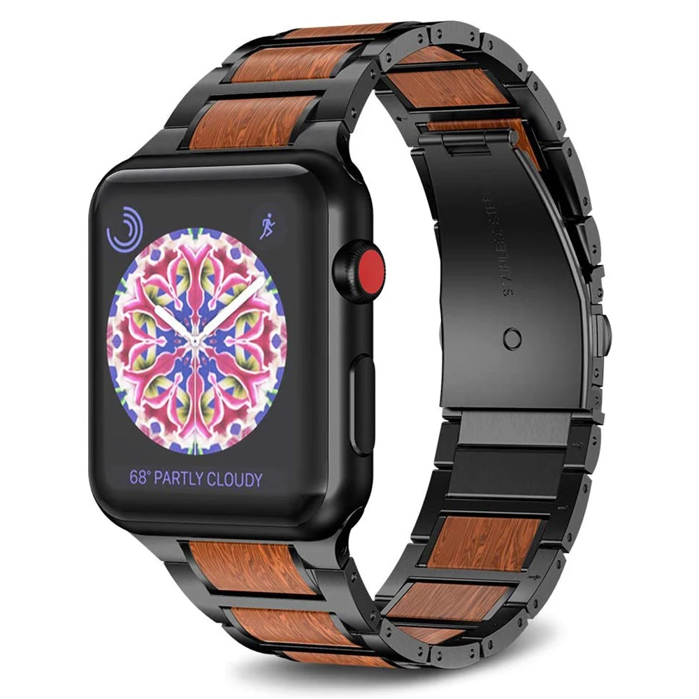 ANBEST Compatible with Apple Watch Band 4 5 40mm 44mm Stainless Steel Natural Wooden Red Sandalwood Watch Strap for Series 3 2 1