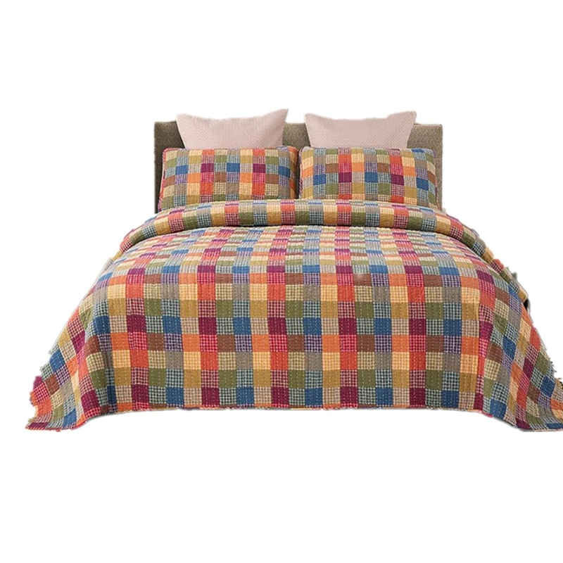 

Famvota 100% Cotton Quilted Bedspread set 3 Pieces Multi-Color Squares Printed Coverlet Vintage Bed Cover Quee Size