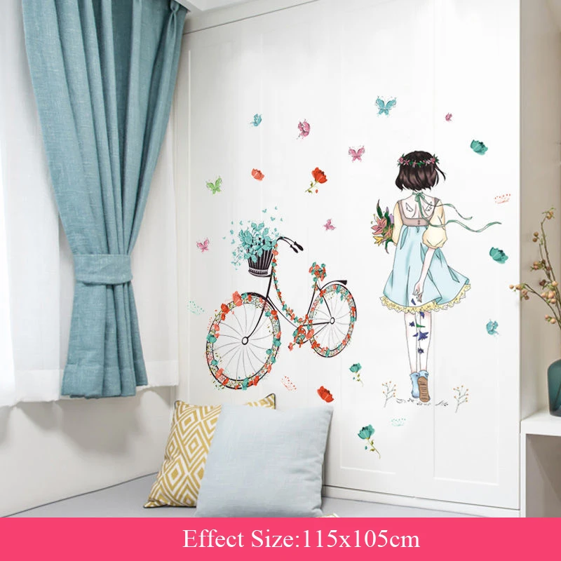 Girl Wall Sticker Flower Multi Color Bicycle Love Wall Art for Living Room Home 