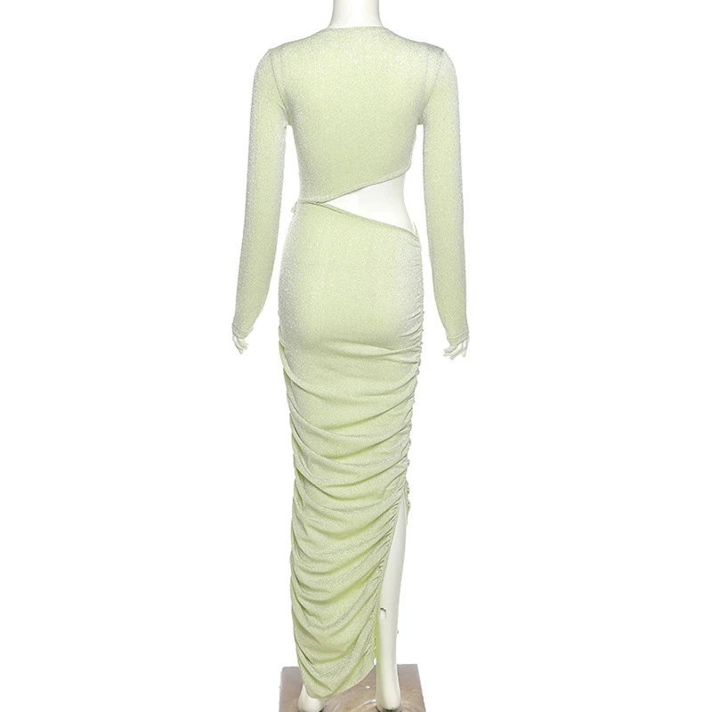 

Adogirl Shiny Sequined Silk Maxi Party Dress Women Elegant Sexy Hollow Out High Split Pleated Night Club Robe Long Vestidos