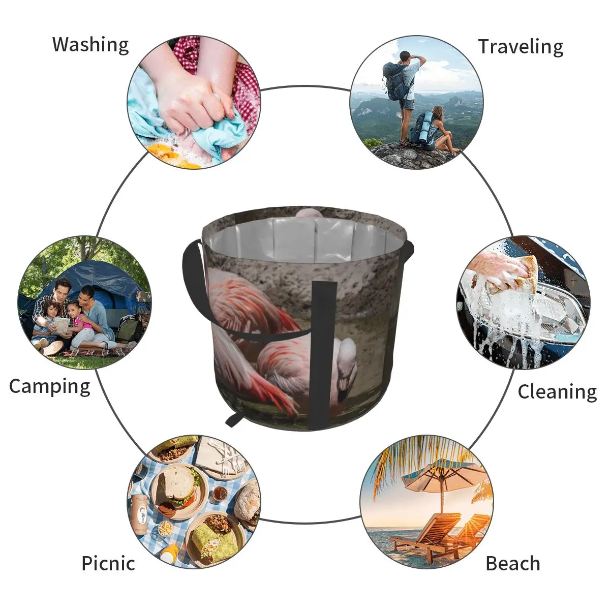 

Flamingos In Water Photo Portable Bucket Water Storage Bag Ice Storage Bag Waterproof Water bag Fishing Folding Bucket