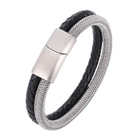 stainless steel wire cable magnetic clasp double layered bracelet men braided genuine leather wristband male jewelry gift pd1070