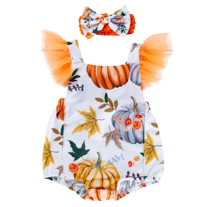 

Female Baby Halloween Printed Pumpkin Pure Cotton One-piece Baby Fashion Flying Sleeve Back Crossover Jumpsuit