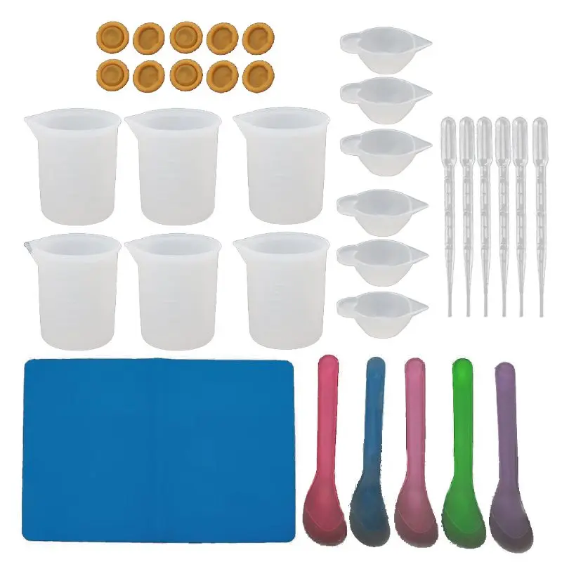 

34Pcs Silicone Resin Kit Silicone Mat 100ml Measuring Mixing Divided Cups