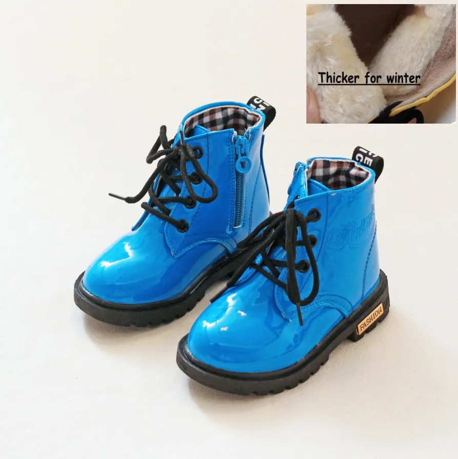 blue with fleece Новинка; зимняя детская обувь из искусственной кожи; водонепроницаемые ботинки martin; детские зимние ботинки; брендовые резиновые сапоги для мальчиков и девочек; модная обувь; S - Цвет: blue with fleece