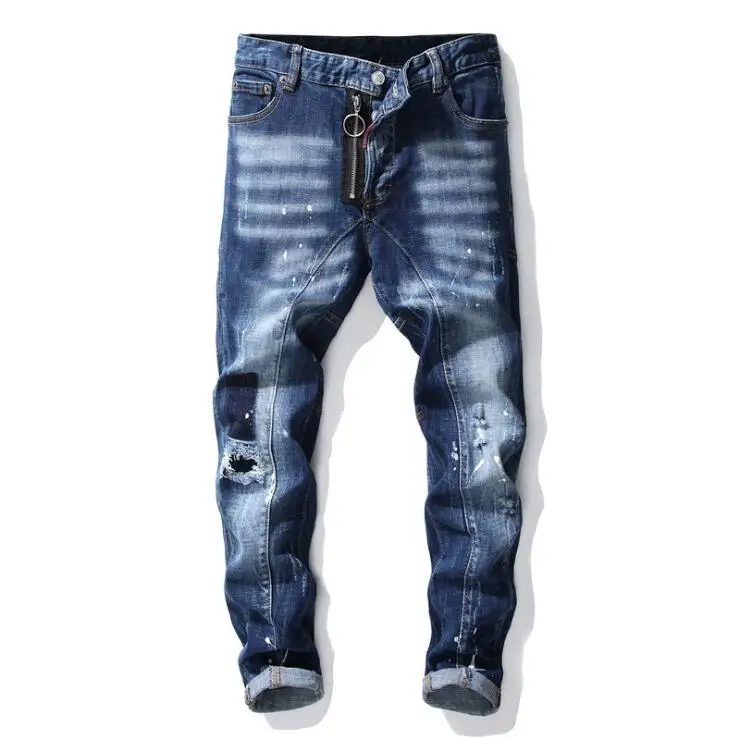 

New DSQ2 Stitching Printing Men's Slim Jeans Straight Leg Motorcycle Rider Hole Pants Blue Jeans Men Clothing