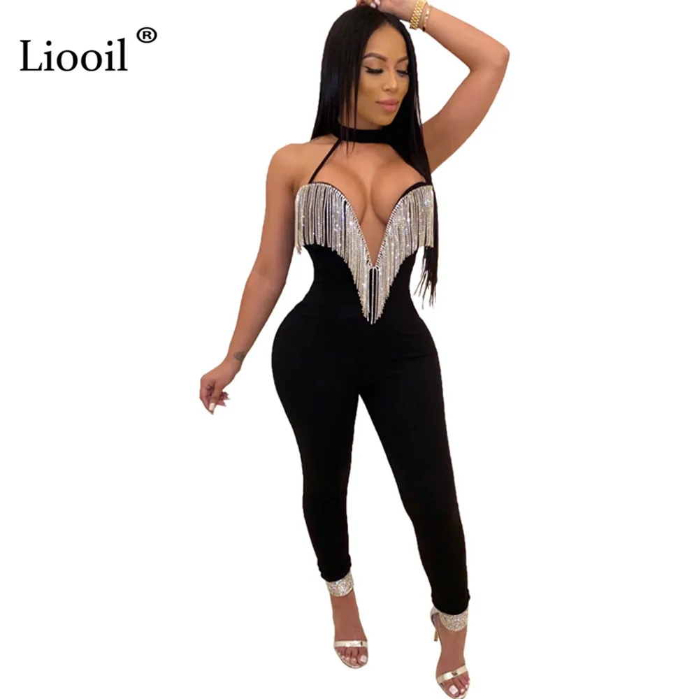

Liooil Black Rhinestone Tassel Fringe Halter Jumpsuit Bodycon Sexy Costumes V Neck Backless Party Club Rompers Womens Jumpsuit