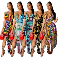 2021 summer new style womens clothing suspenders v neck printing irregular dress