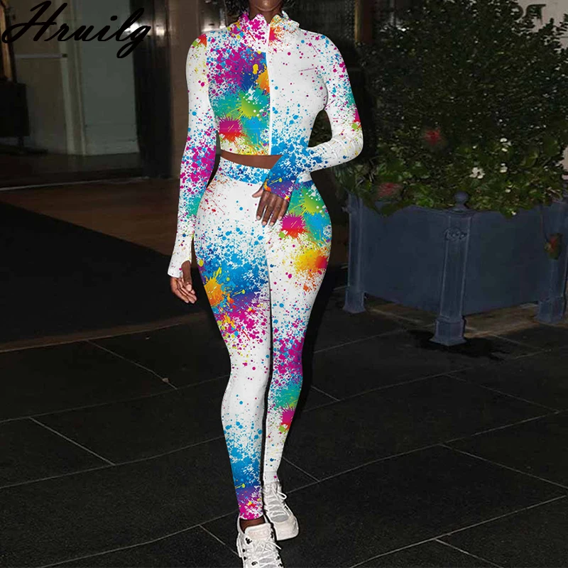 

Женский комплект из 2 предметов с принтом, короткий комплект с воротником-стойкой и длинным рукавом для женщин, модный спортивный костюм на ...