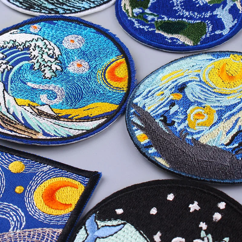 Pulaqi Wave Applique Adventure Badges Iron On Patches For Clothing Van Gogh Embroidered Natural Clothes | Дом и сад