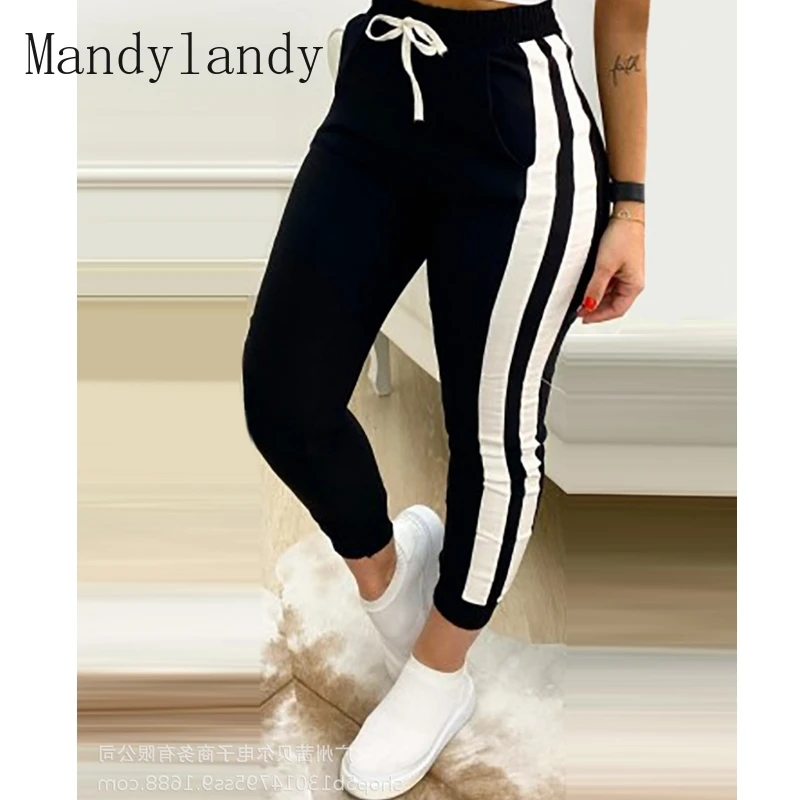 

Mandylandy Side Ribbon Pants Women Mid Waist Stitching Casual Sports Daily Trousers Summer Tracksuits Ladies Workout Wear Pants