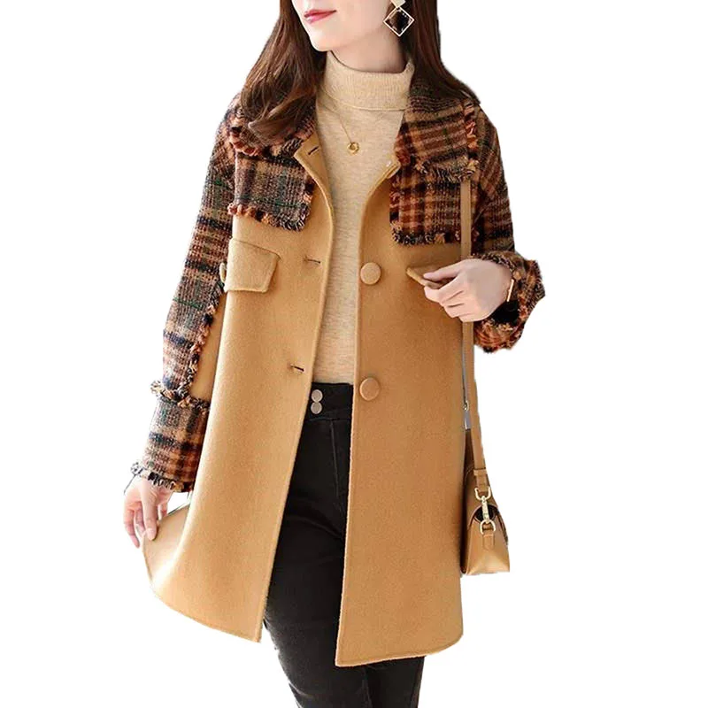 

New 2021Autumn Winter Women Woolen Coat Windbreakers Elegant Printing Plaid PoLo Collar Long-Sleeved Overcoat Female Wool Coat