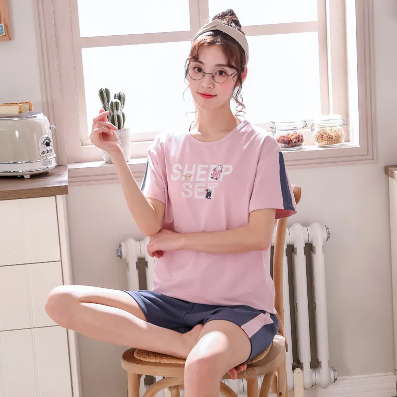 Women Pajamas Sets Suits Lovely Home Suit 100% Cotton Pyjama For Sleepwear Short Sleeve Top + Shorts Pyjamas Pijamas Mujer | Женская