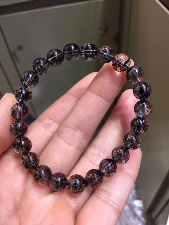 

Натуральный черный Рутиловый Кварц прозрачные круглые бусины браслет 8 мм для мужчин и женщин лучший вариант для камень богатых AAAAA