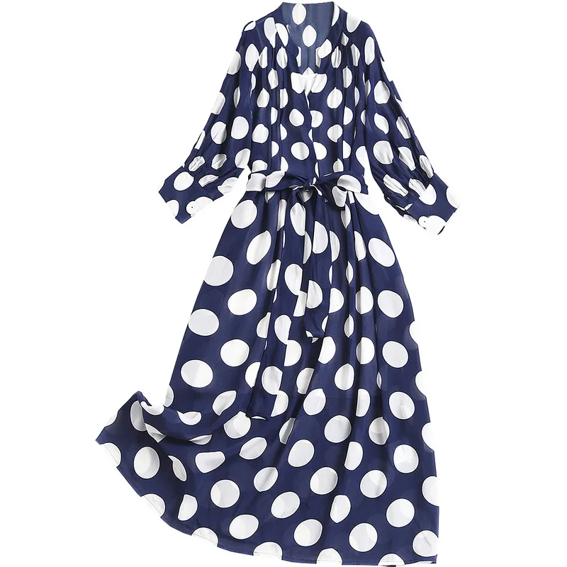 

SHUCHAN Yellow Dot Vintage Long Summer Dress Three Quarter Sleeve 2021 Mid-Calf Sashes Boutique Women Clothing