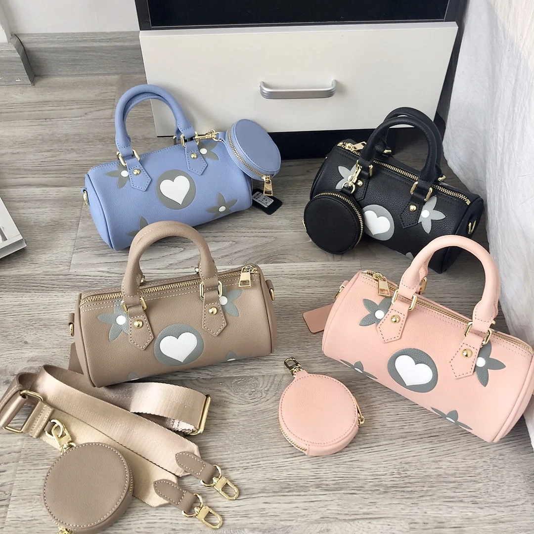 

Leather Niche Printed Handbag Ladies Cylinder Bucket Pillow Bag Boston Top Cowhide Fashion New Cute One Shoulder Messenger