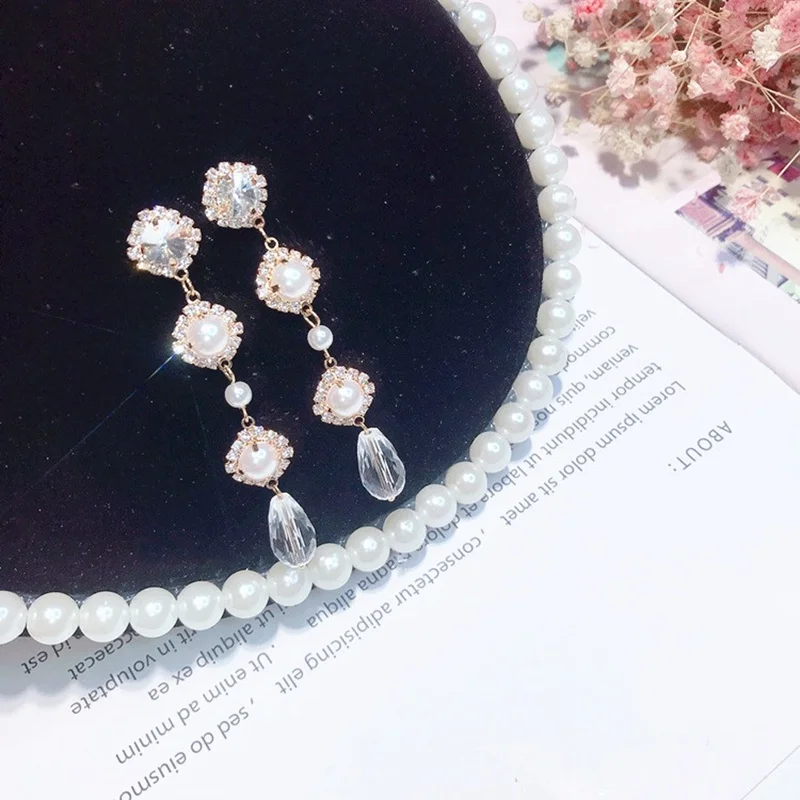 Новые корейские серьги с искусственным жемчугом элегантный кристалл горного
