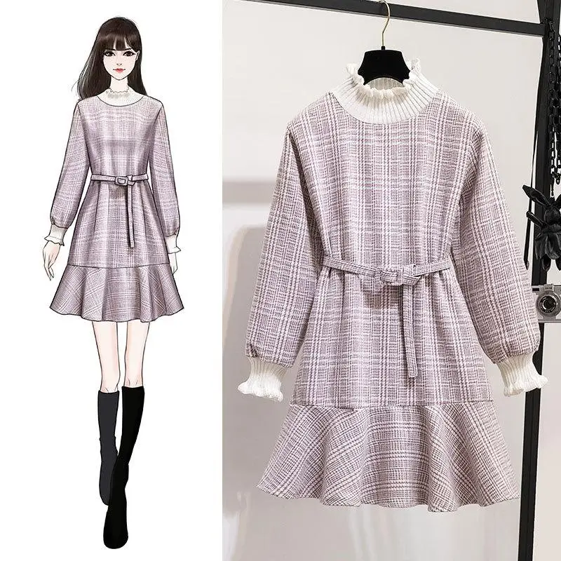 Женское клетчатое платье ICHOIX элегантное вязанное зимнее вечерние короткие