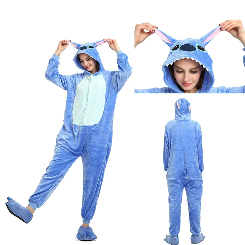 Blue stitch Зимние пижамы для взрослых с рисунками животных, пижамы с единорогом, теплые фланелевые пижамы с капюшоном для женщин и мужчин - Цвет: Blue stitch