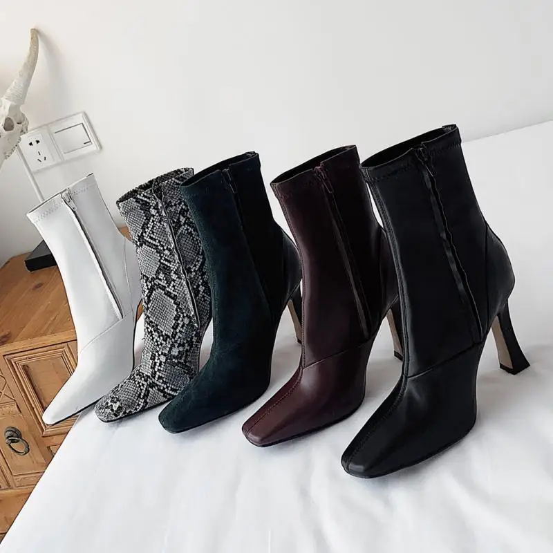 

Coolcept 5 Color Ankle Boots For Women Genuine Leather Square Toe Winter Shoes Women Zipper High Heels Short Boots Size 33-43