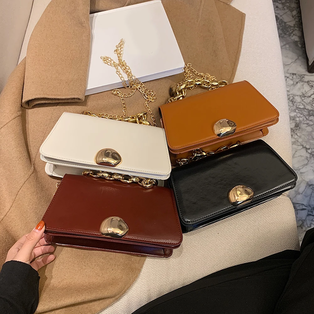 

Модная сумка через плечо из искусственной кожи на тонкой цепочке, Женские однотонные сумочки в стиле ретро с застежкой, повседневный осенве...