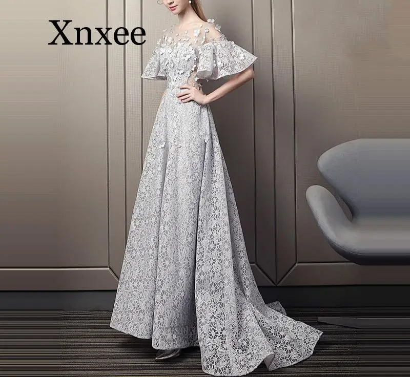 

Dress 2020 Luxury Beading Pearls Flowers Gray Flare Sleeve Train Dress robe de soiree