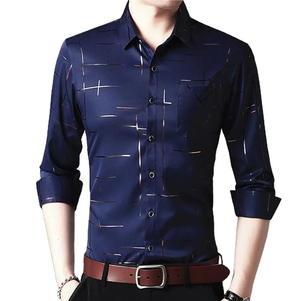 

2021 Men's Dress Shirts Men Long Sleeve Turn Down Collar Stripes Single-breasted Business Shirt Top Casual Male Clothing