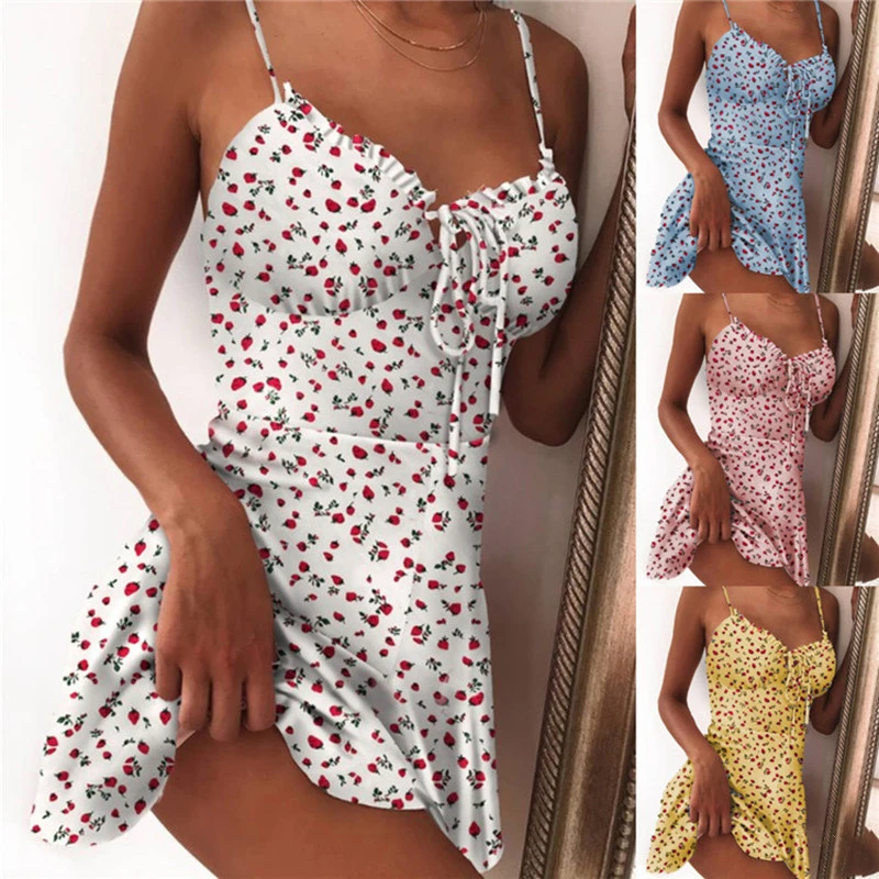Strawberry Dress Women Adjustable Suspender Tie Front V Neck Elegant Sexy Floral Dress Women Off Shoulder Ruffle Party Dress dress bow hair bands ins solid color one shoulder sleeveless ruffle edge women s dress suspender dress family grl clothes