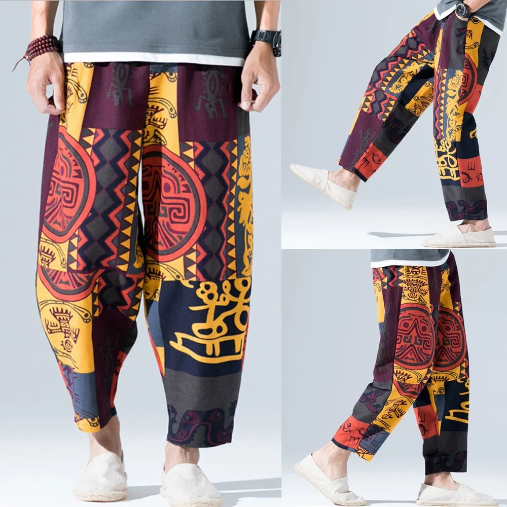 Штаны шаровары штаны размера плюс 5XL Для мужчин хиппи Мешковатые Бохо эластичные