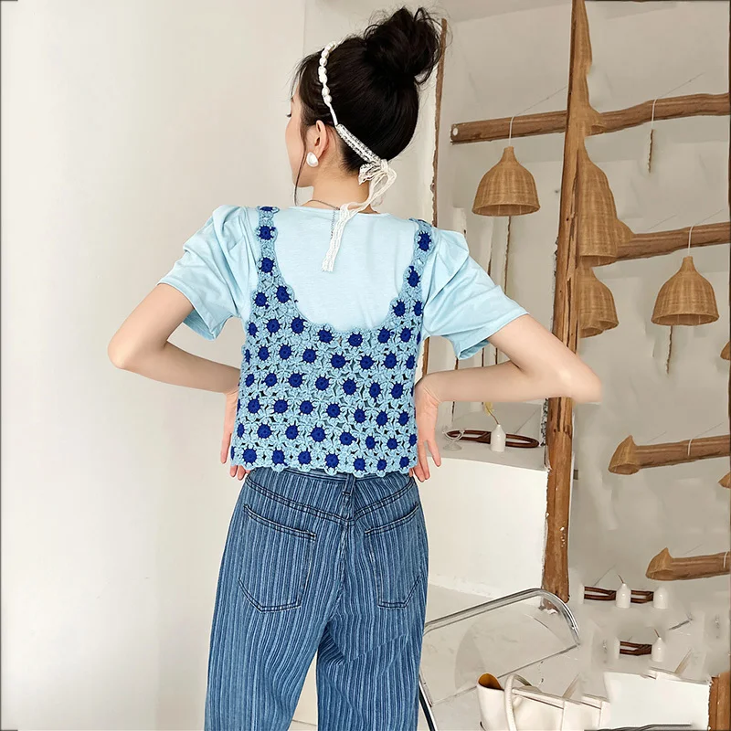 

LANMREM Women Blue Printing T-shirt New Arrivals Round Neck Short Sleeve Lady Fashion Tide And Autumn 2021 2P2582