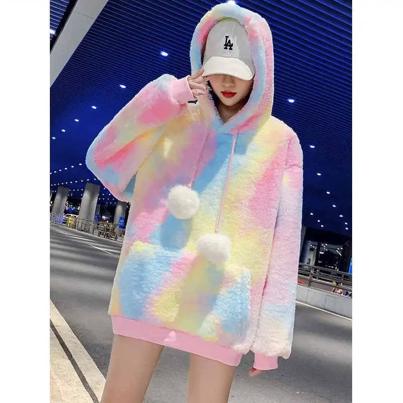 

90s Harajuku Tie-dye Plush Sweater Women Thick Warm Winter Korean Version Loose Long-sleeve Hooded Jacket Couple Streetwear