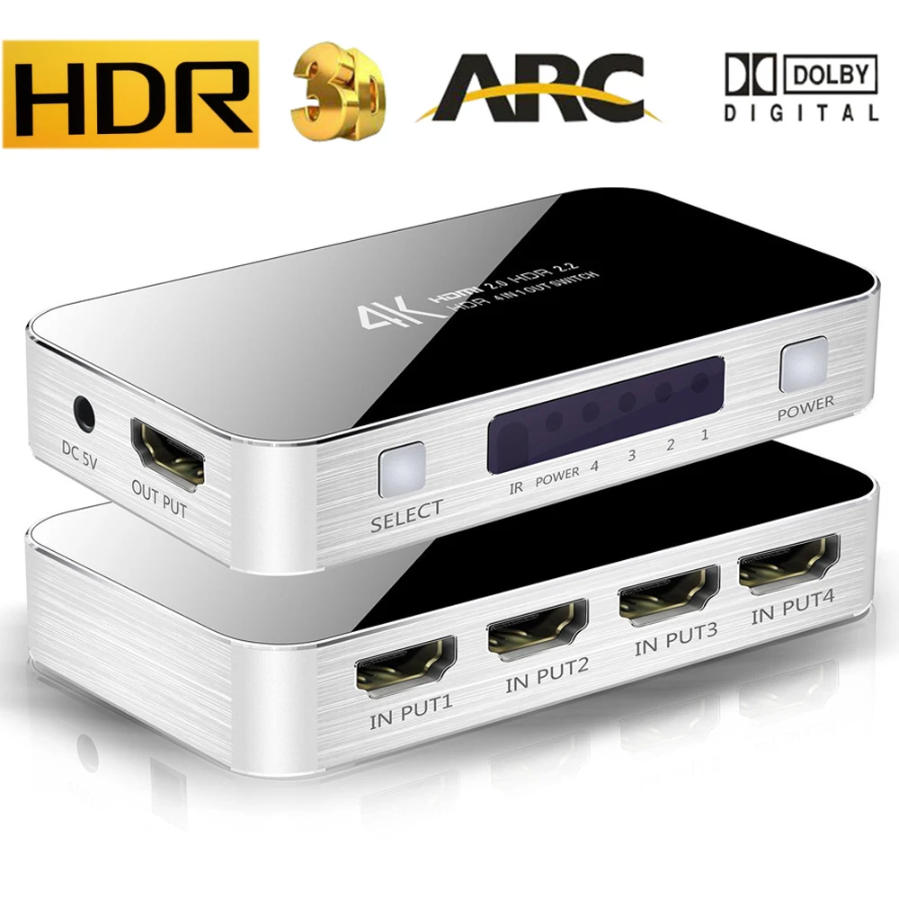 

4K HDMI 1.4 Switch with audio extractor 4 Port HDMI ARC Switcher 4 in 1 out with IR Remote for PS4,Apple TV,HDTV