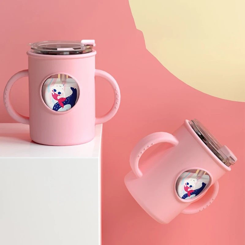 

Anti-falling Baby Milk Cup with Straw Silicone Double Handle Sleeve Children Water Cup Portable Kids Drinking Glasses