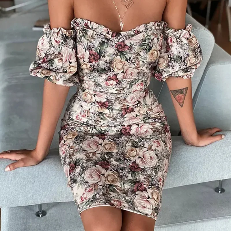 Summer Dress Women Strapless Lantern Sleeves Floral Print Sex Backless Mini Dresses Ladies Elegant Vestidos