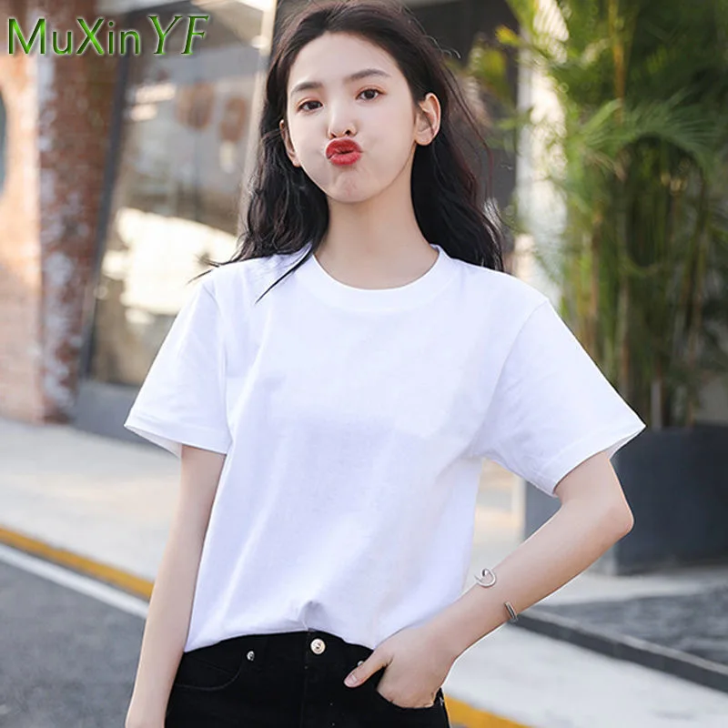 

Women Leisure Solid White T-Shirt 2021 Summer Korean Simple O-Neck Short Sleeve Tops Girls Student Soft Cozy Cotton Clothing
