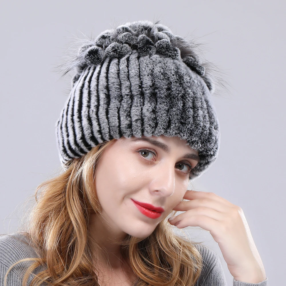 Настоящие Женские шапки из меха кролика рекс Леди ручной вязки в полоску шапка с