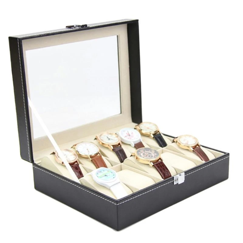 

10 Grids Watch Box PU Leather Watches Display Case Jewelry Organizer with Lock