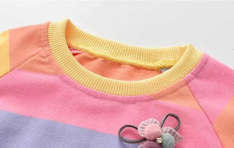 2021 Girls Spring and Autumn Dresses Children's Long Sleeve Striped Colorful Rainbow Princess Cute Party Dress for Kids | Детская